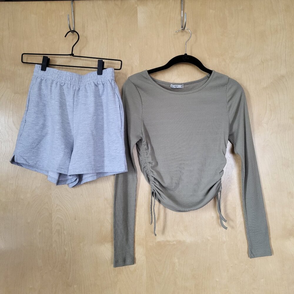 Lounging Bundle 2 Pieces: Gray Sweat Shorts and Sage Green Top Size Small